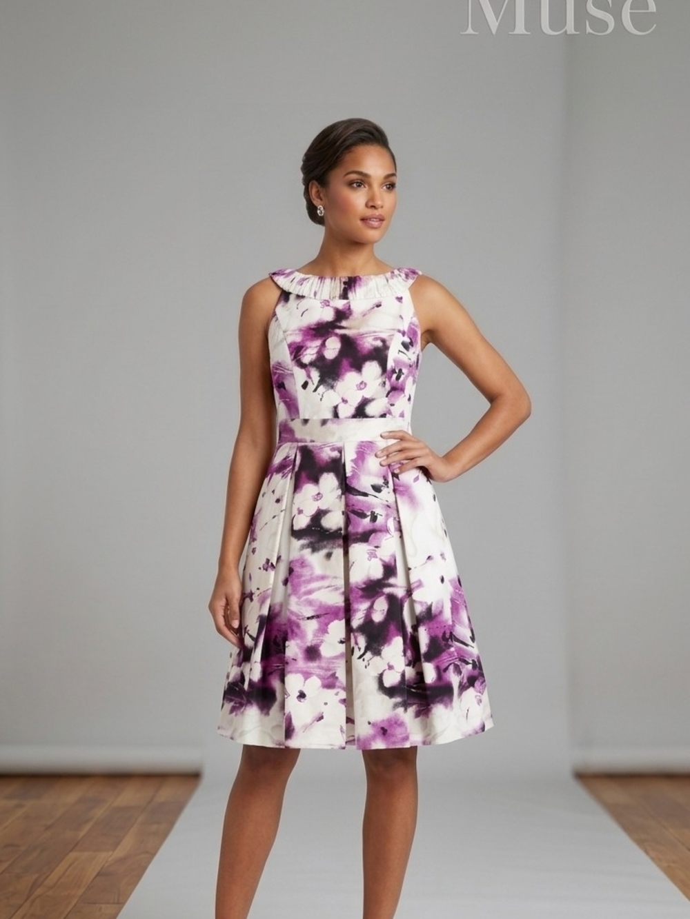 Muse Watercolor Floral Fit and Flare Dress Size 8 Purple Black Ruched Halter Nec